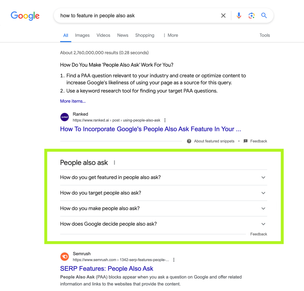 how to feature in people also ask PAA in between search results
